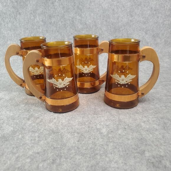 Siesta Ware Amber Glasses Set of 4 Patriotic Eagle Wooden Handle Mug Stein - Picture 7 of 10